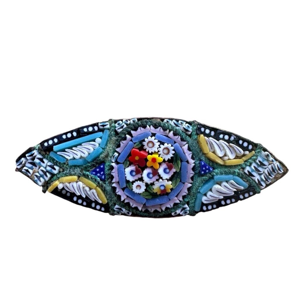 Vintage Brooch Pin 1.625 Inch Multicolor Italian Micro Mosaic Glass Flowers Oval